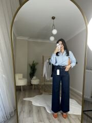 LACİVERT ÖN KARE CEP DETAYLI LAZER KESİM JEAN