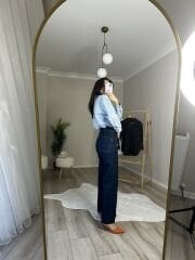 LACİVERT ÖN KARE CEP DETAYLI LAZER KESİM JEAN
