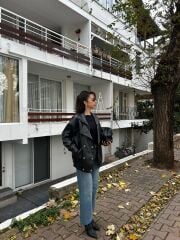 OVERSİZE KESİM BELİ LASTİKLİ DERİ CEKET