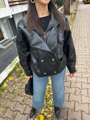 OVERSİZE KESİM BELİ LASTİKLİ DERİ CEKET